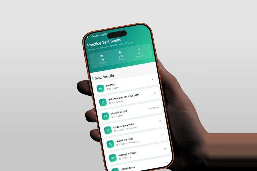 The AIAPGET MCQ app held in one hand: a Practice Test Series course screen showing its module, quiz and attempt counts above the module list — final test, daily tests as per time table, sushrutha samhita, charak samhita, astanga hridaya — each with the number of quizzes in it.