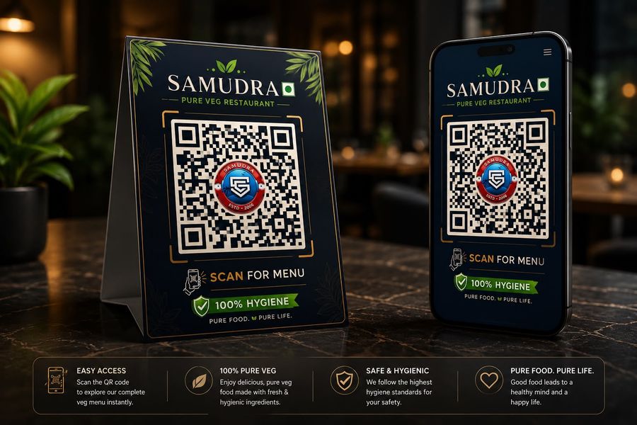 Samudra Veg Restaurant QR code table tent beside a phone showing the same QR menu, both with the 'Scan for menu' prompt.