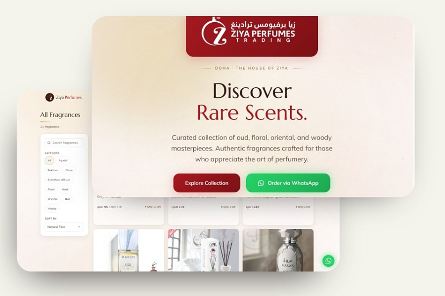 Two screens of the Ziya Perfumes store: the home page reading 'Doha · The House of Ziya — Discover Rare Scents' with Explore Collection and Order via WhatsApp buttons, over the fragrance listing behind it with its category filters and priced product cards.